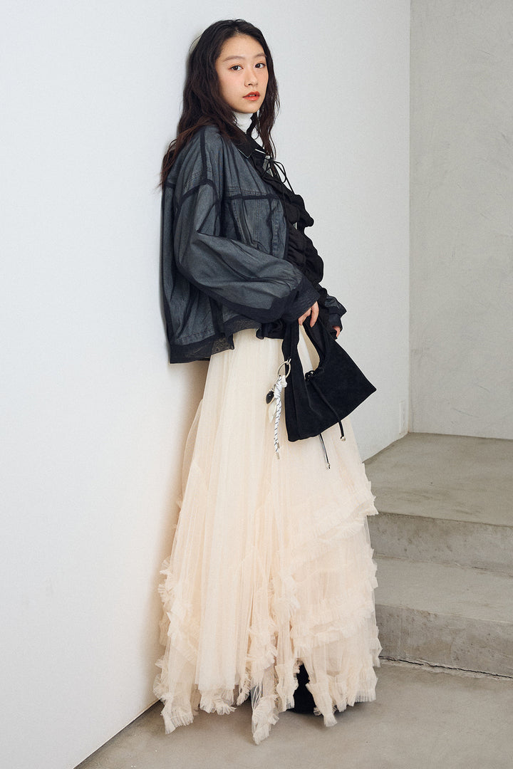 [予約/SET]デニム×チュールレイヤードフリルジャケット+フェアリードレープチュールスカート(2set)