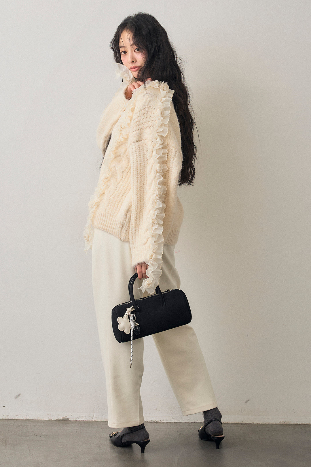 [予約/SET]フリルローズドッキングニットカーデ+ウォームセンタープレス美ラインテーパードパンツ(2set)