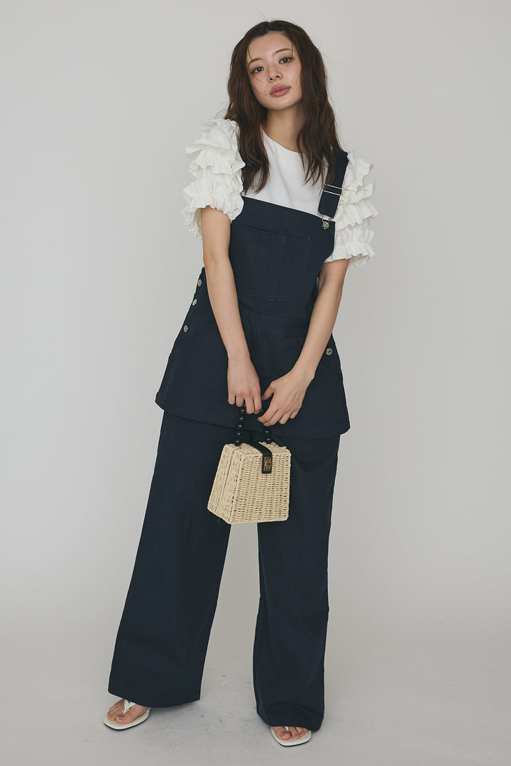 [予約/SET]フリルスリーブプルオーバーブラウス+エプロンデニムサロペ(2set)