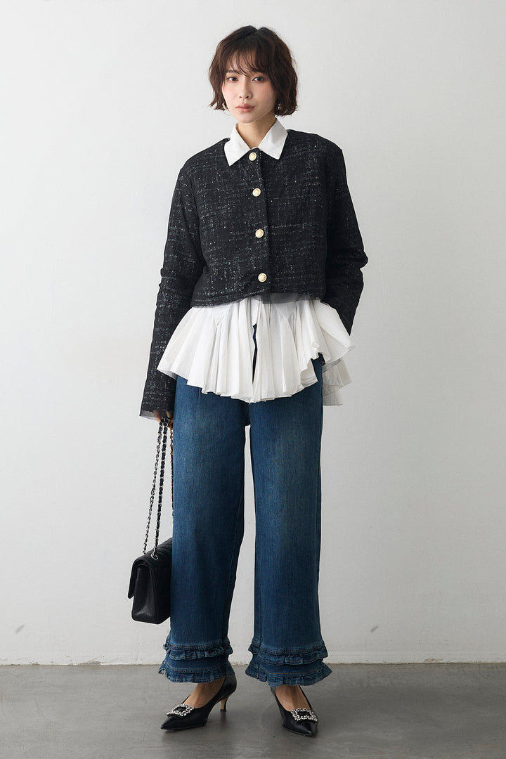 [予約/SET]ツイード×チュールレイヤードクロップドジャケット+フリルヘムデニムパンツ(2set)