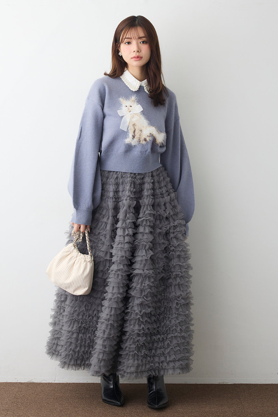 [予約/SET]2連パール付け襟+シャギーリボンキャットモチーフニットPO+ホイップチュールティアードスカート(3set)