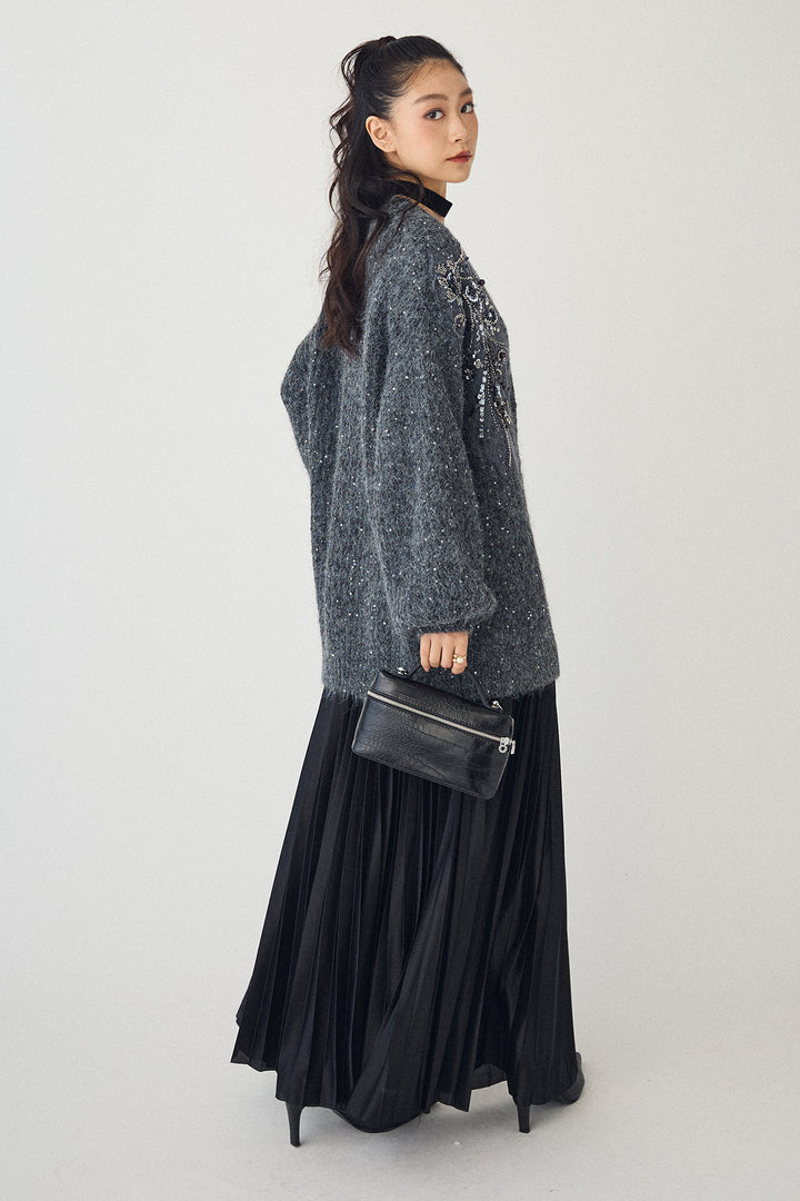 [予約/SET]ビーズフラワースパンコールシャイニーニットカーデ+シャイニープリーツサテンスカート(2set)