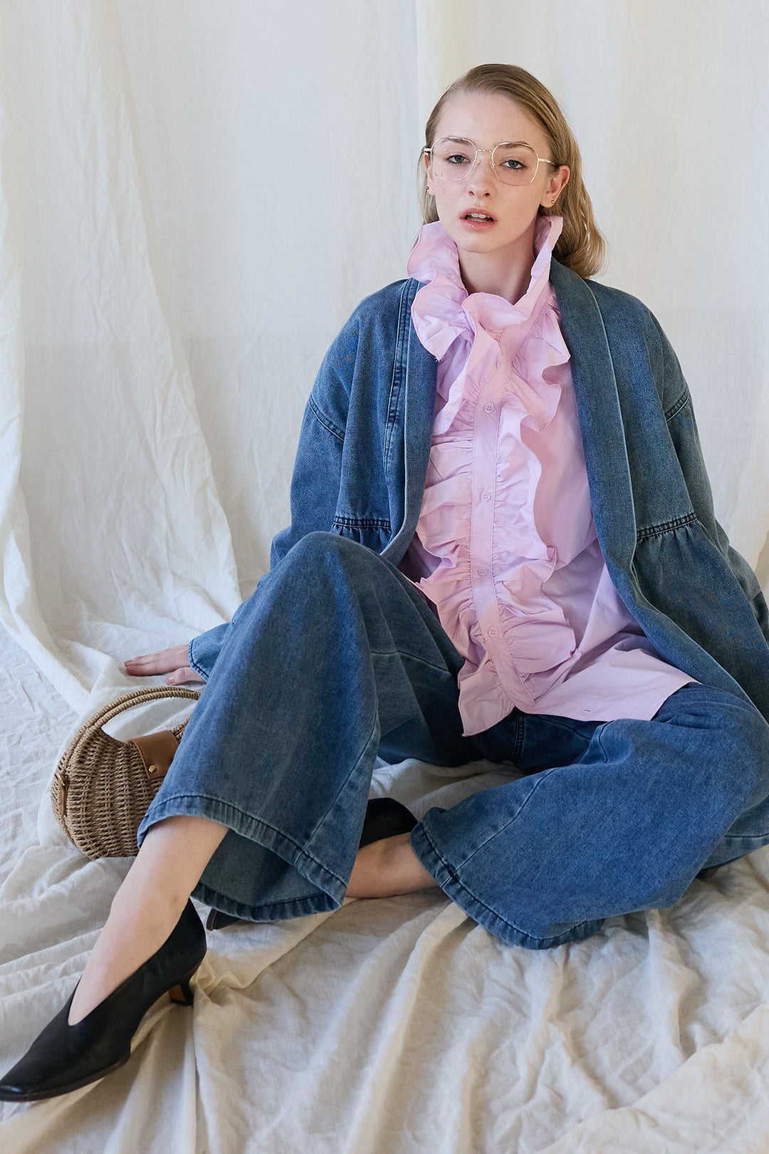 [予約/SET]ブルームカラーフリルブラウス+ノーカラーデニムルーズセットアップ(2set)