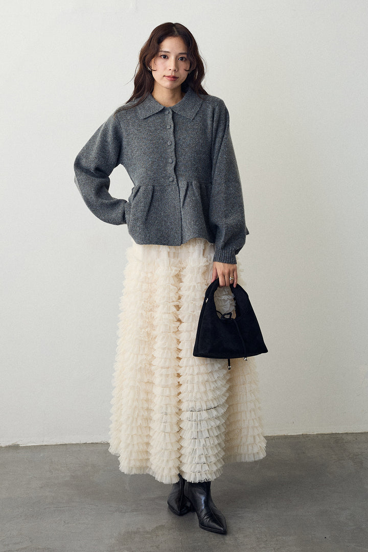 [予約/SET]ポロ襟ペプラムニットプルオーバー+ホイップチュールティアードスカート(2set)