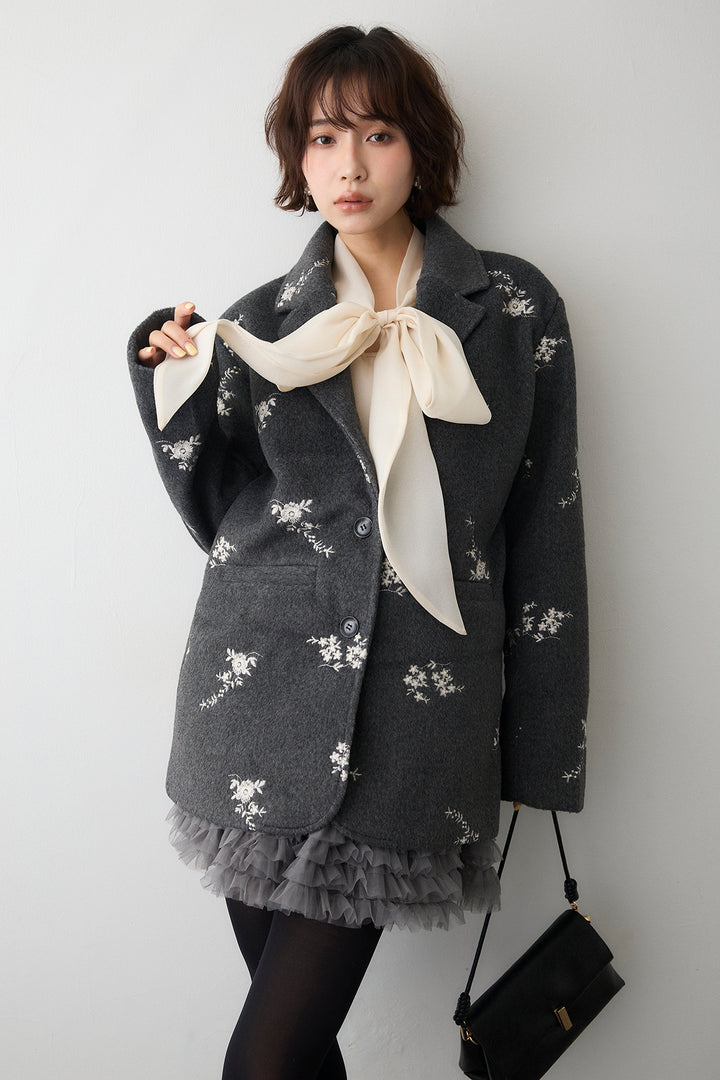 [予約/SET]前後2wayリボンシアーブラウス+フラワーエンブロイダリーモッサジャケット+ホイップチュールミニ丈スカート(3set)