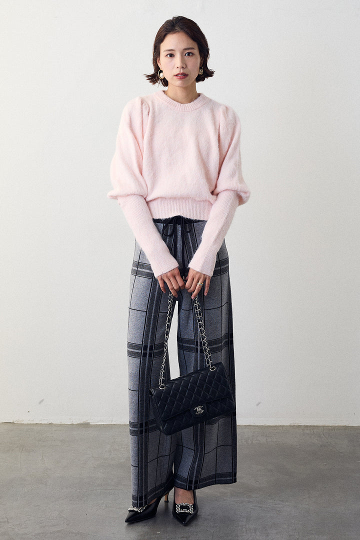[予約/SET]モヘアパフスリーブプルオーバー+チェック柄ニットストレートパンツ(2set)