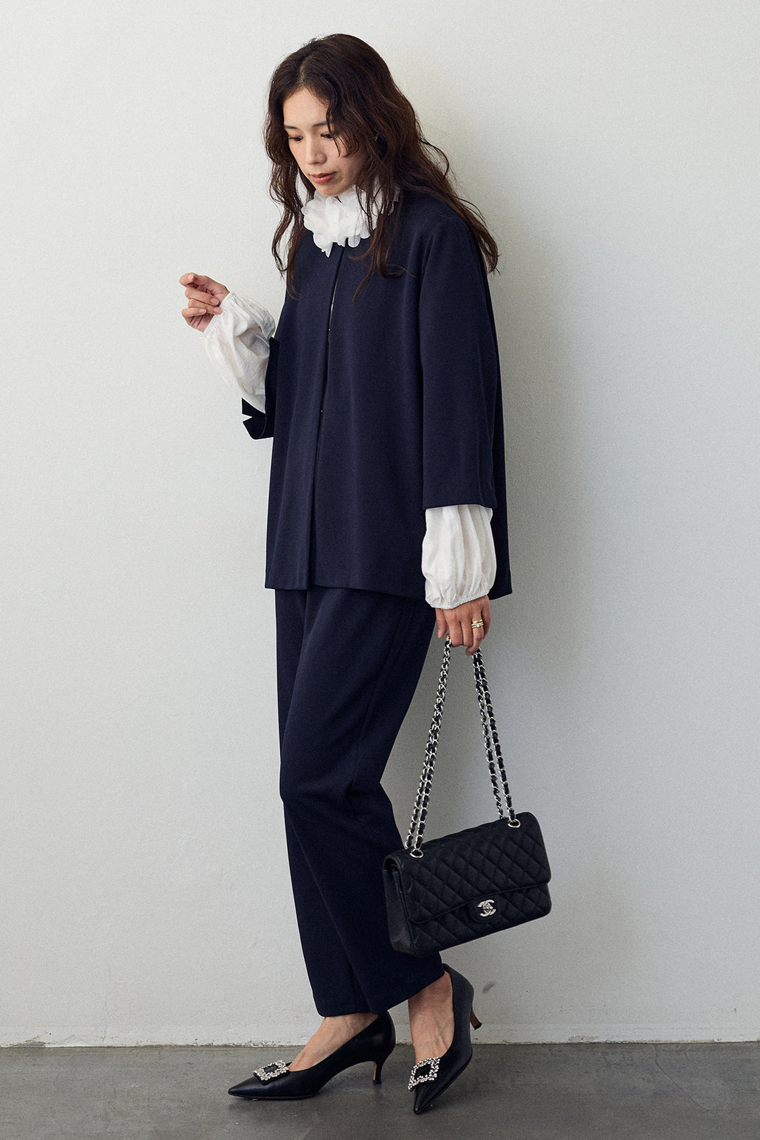 [予約/SET]フラワーフリルネックブラウス+ノーカラージョーゼットセットアップ(2set)