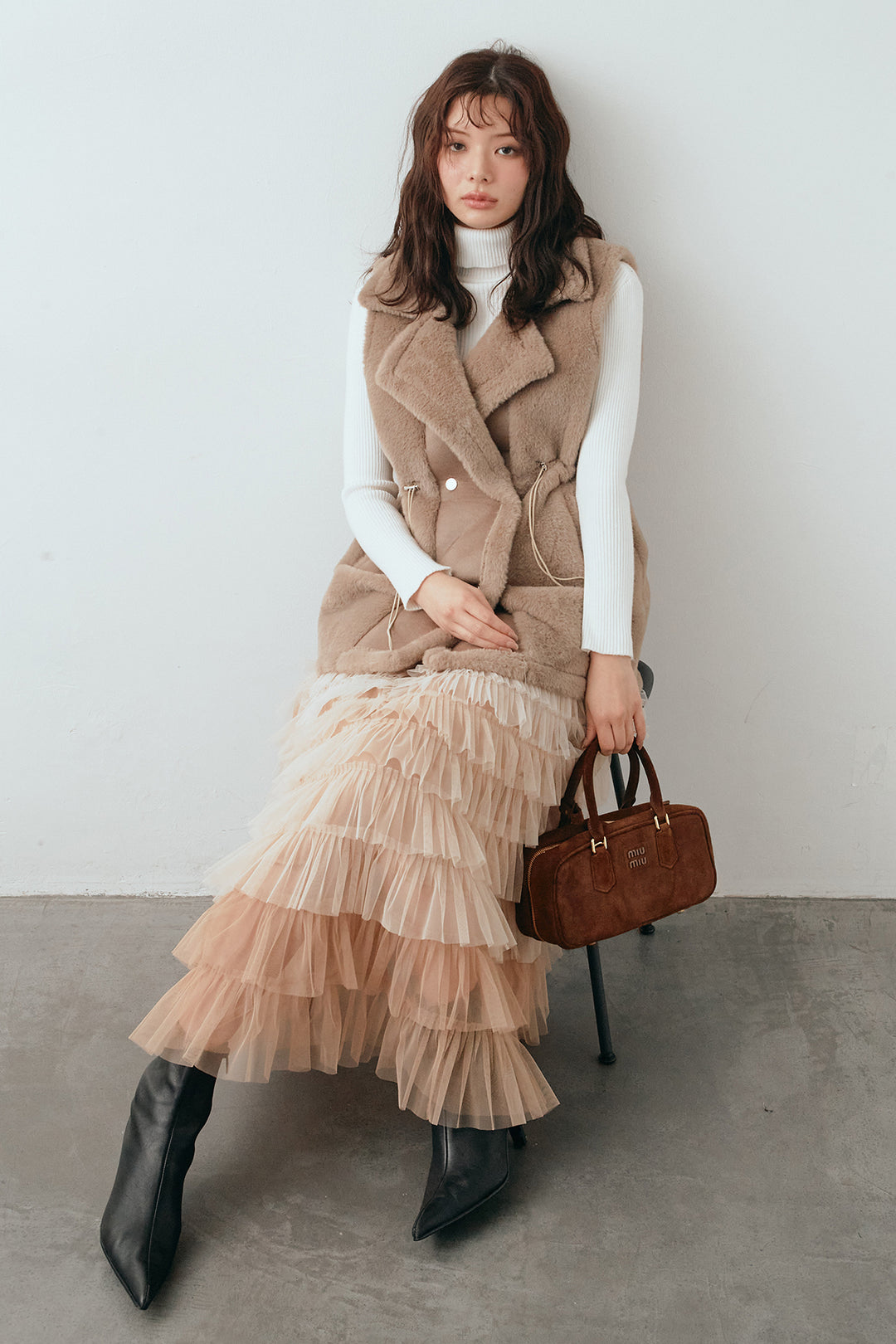 [予約/SET]ベーシックリブタートルニット+テディボアウエストドロストベスト+グラデーションチュールティアードスカート(3set)