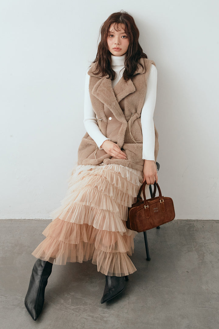 [予約/SET]ベーシックリブタートルニット+テディボアウエストドロストベスト+グラデーションチュールティアードスカート(3set)