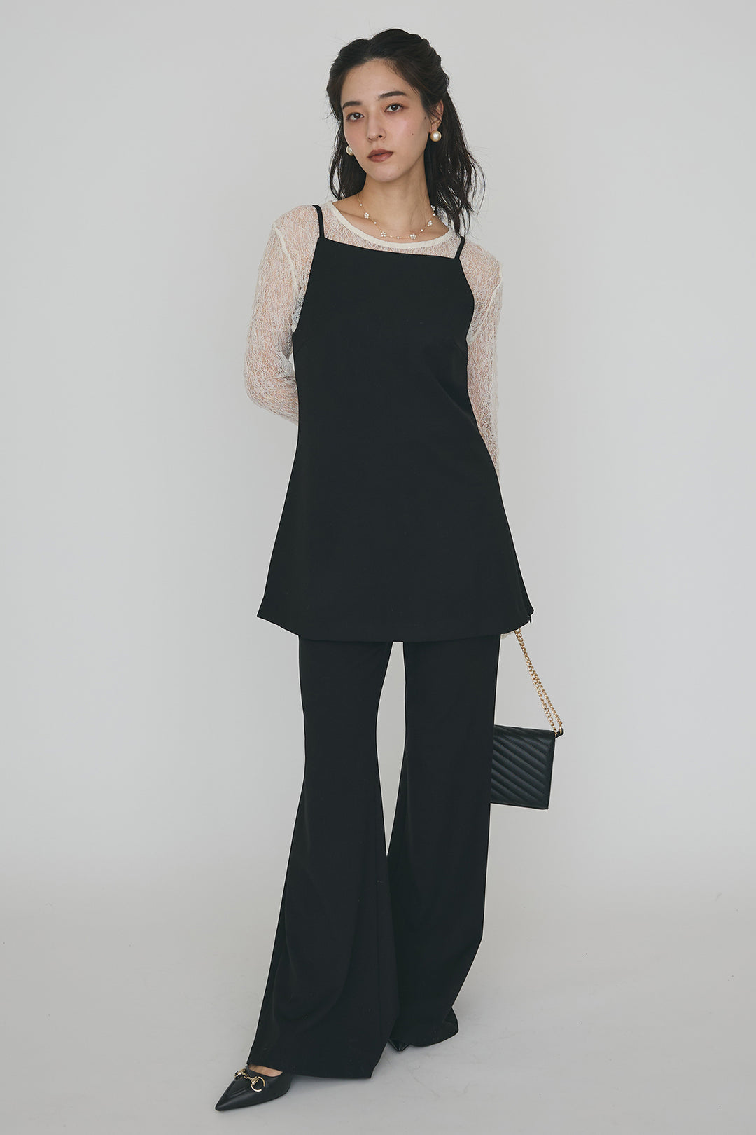 [予約/SET]ストレッチ繊細レーストップス+バックリボン美シルエットキャミチュニック+美脚セミフレアパンツ(3set)