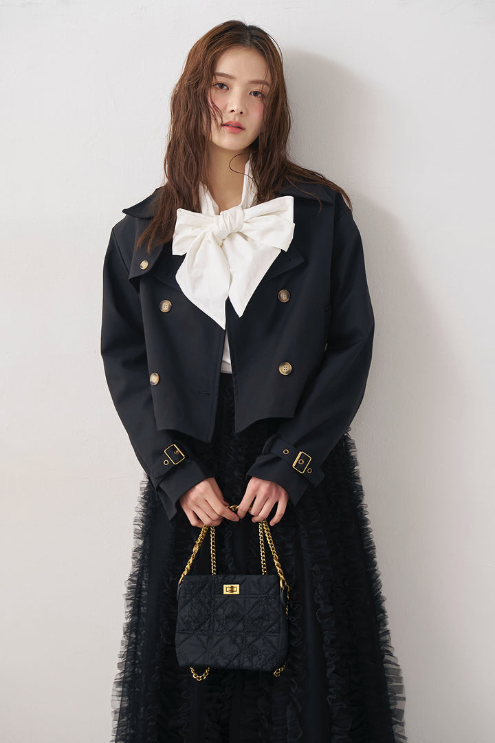 [予約/SET]BIGリボン綿ブラウス+クラシカルショートトレンチ+Iラインホイップチュールスカート(3set)