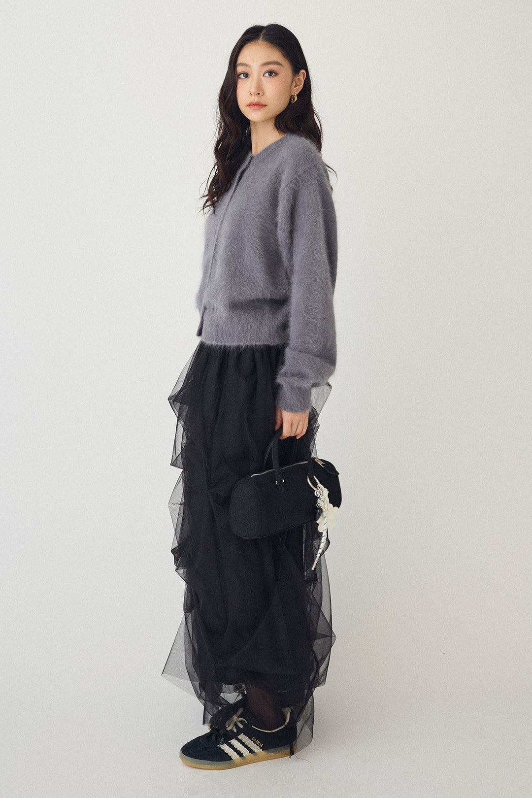 [予約/SET]ウールソフトカーディガン+マルチパターンタックチュールスカート(2set)