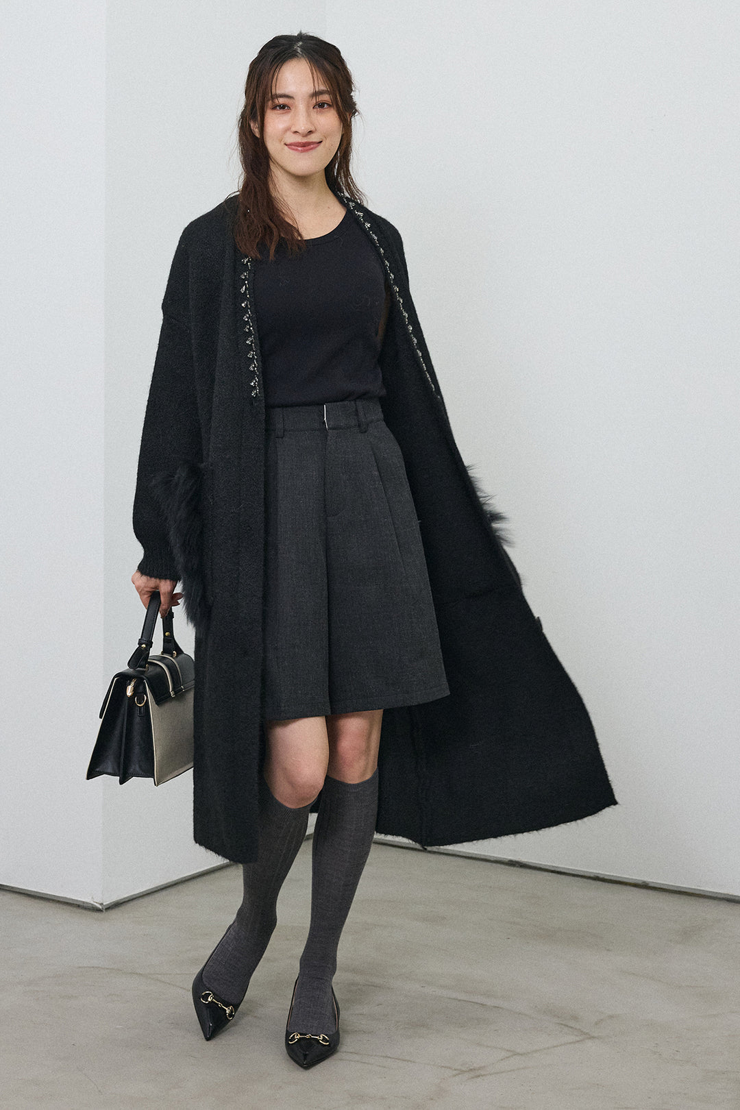 [予約/SET]ファーポケットロングニットカーデ+ウールタッチセンタープレスハーフパンツ(2set)