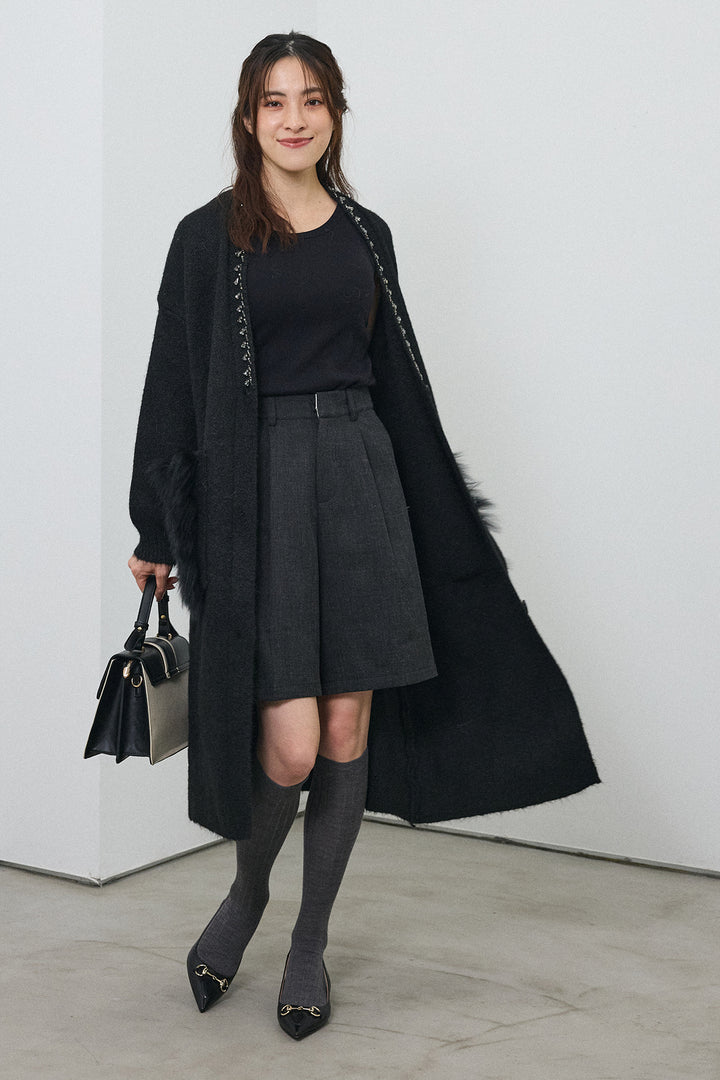 [予約/SET]ファーポケットロングニットカーデ+ウールタッチセンタープレスハーフパンツ(2set)