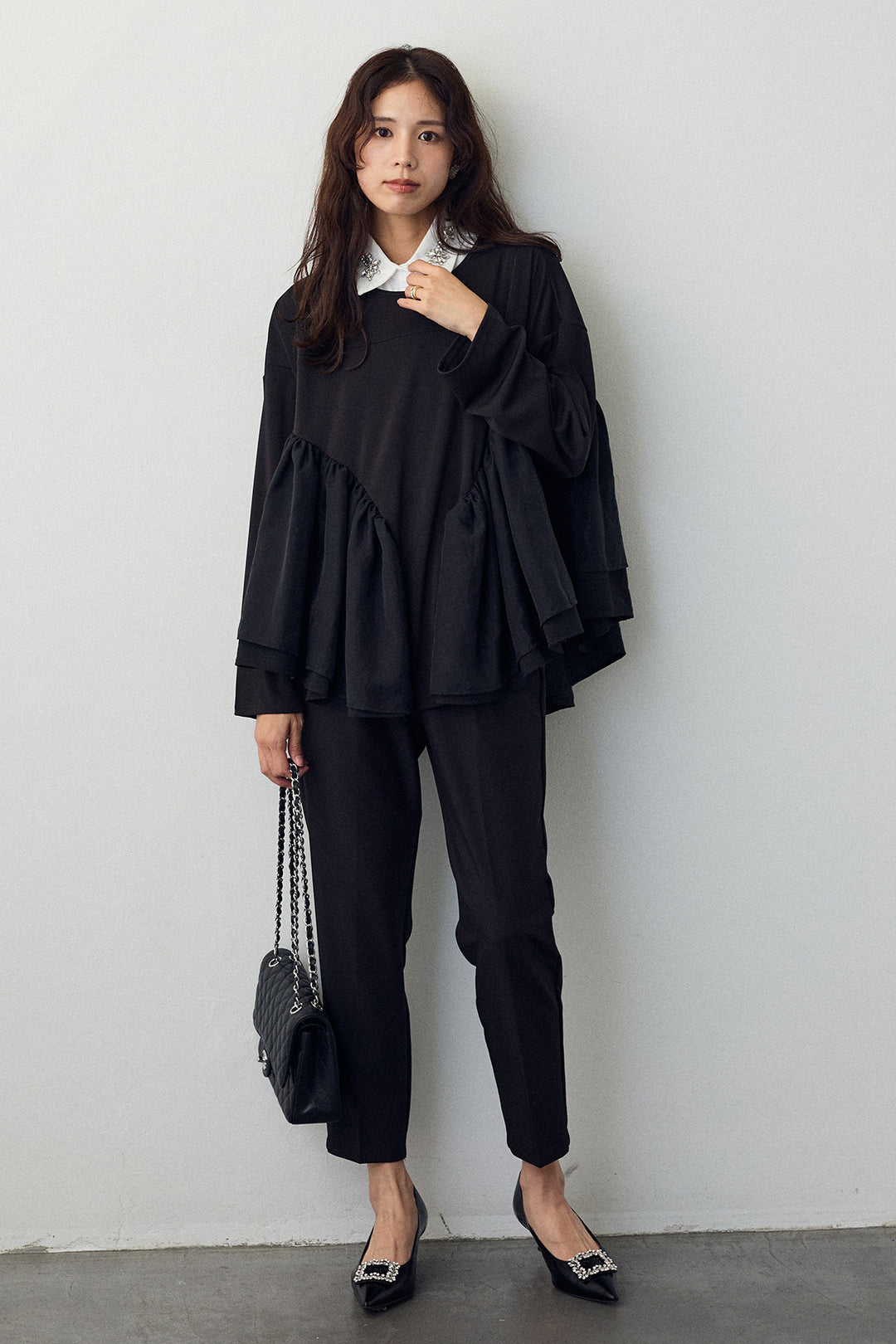 [予約/SET]ビジュー付け襟+フリルテール異素材切替チュニック(2set)