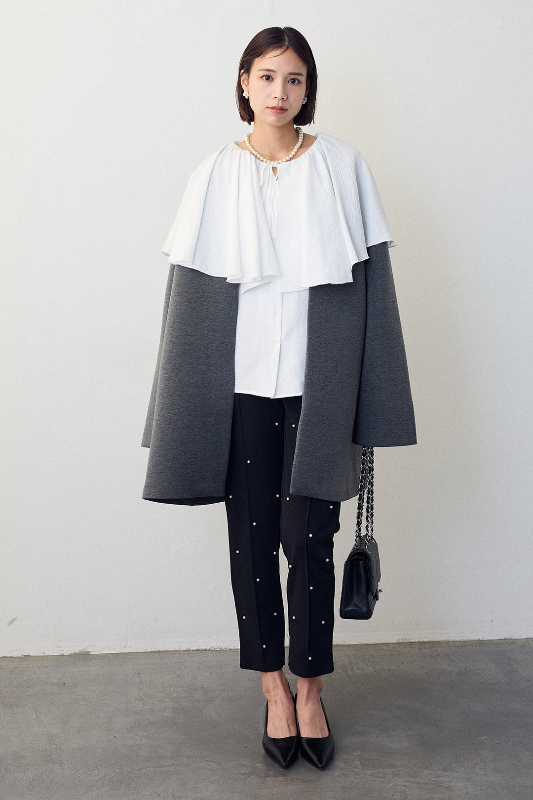 [予約/SET]BIGフリルカラーブラウス+フリルポケットボンディングノーカラーコート(2set)