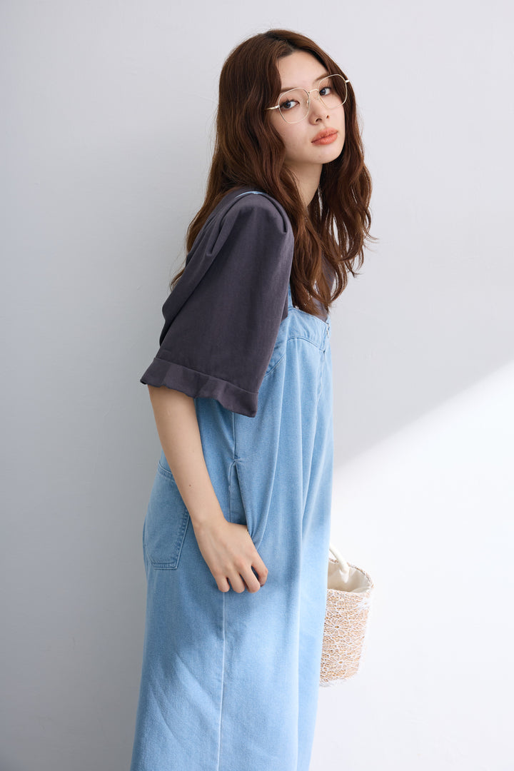 [予約/SET]ロゴパフスリーブデザインTシャツ+フロントZIPデニムサロペ(2set)