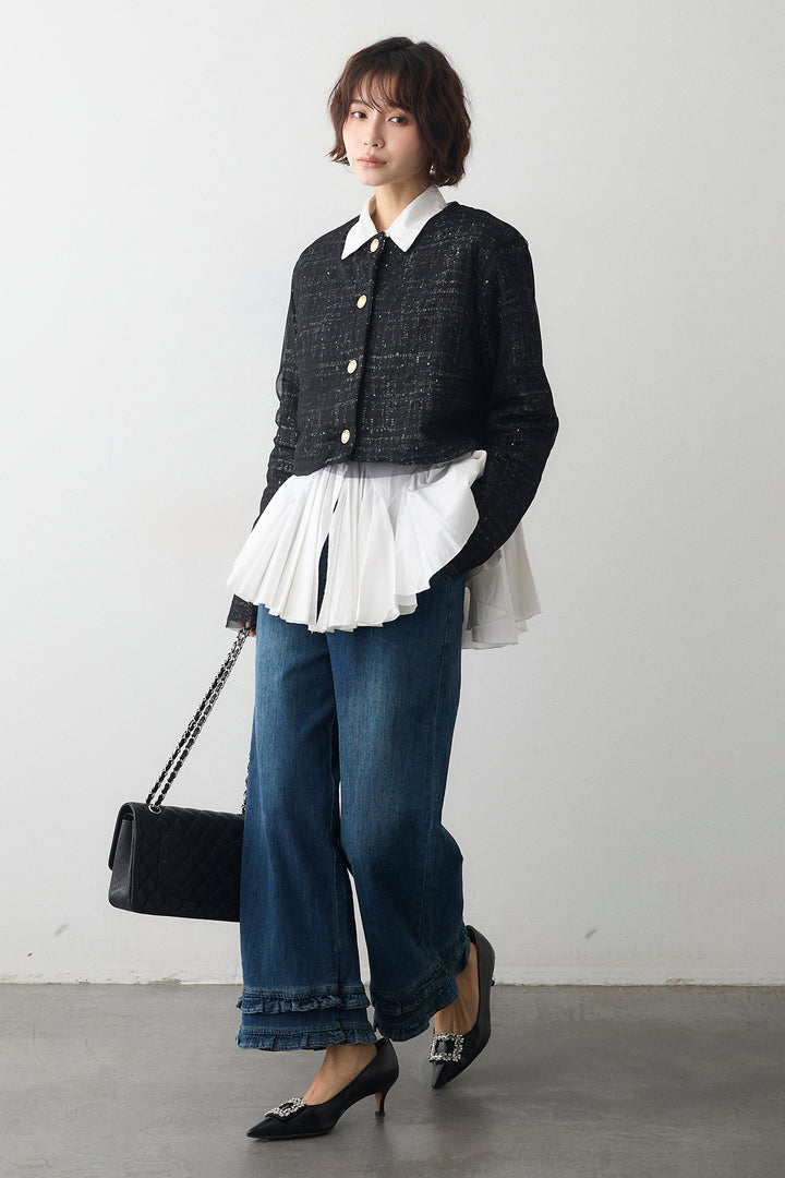 [予約/SET]パネルフレアヘムシャツ+ツイード×チュールレイヤードクロップドジャケット+フリルヘムデニムパンツ(3set)