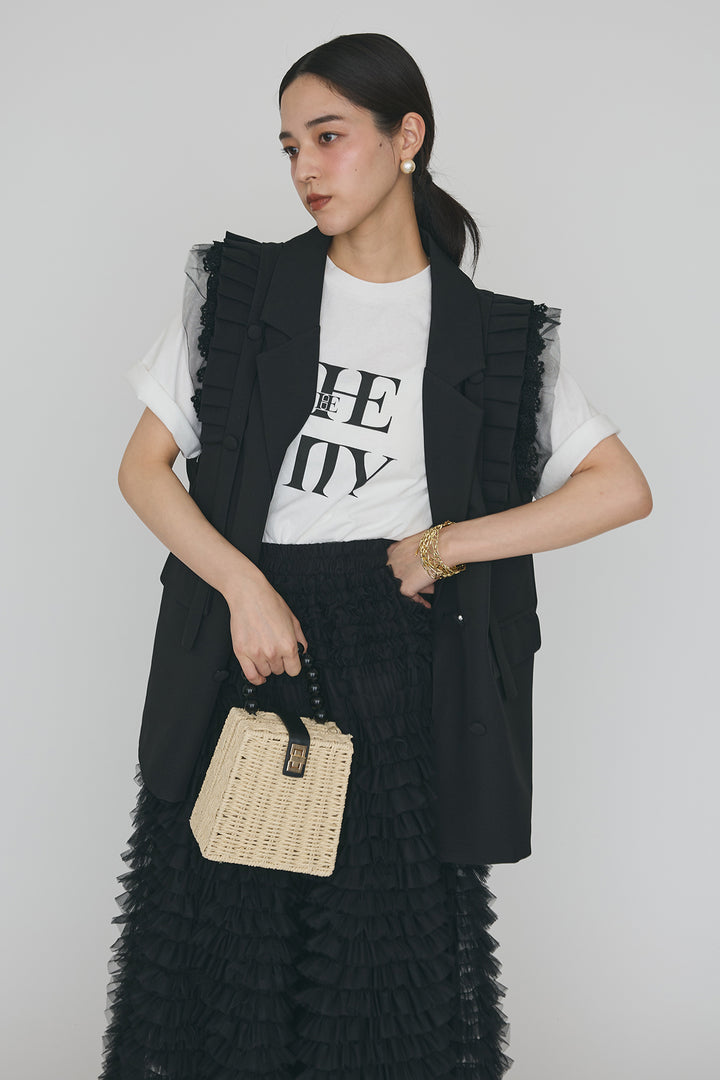 [予約/SET]フリルショルダーテーラーマニッシュベスト+ホイップチュールティアードスカート(2set)