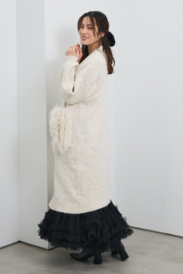 [予約/SET]ファーポケットロングニットカーデ+スウィートチュールフリルスカート(2set)