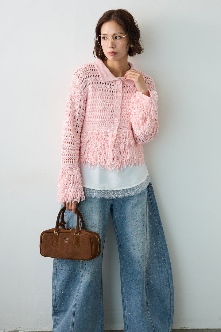 [予約/SET]メッシュフリンジクロップドニット+スパークルラインストーンカーブデニム(2set)