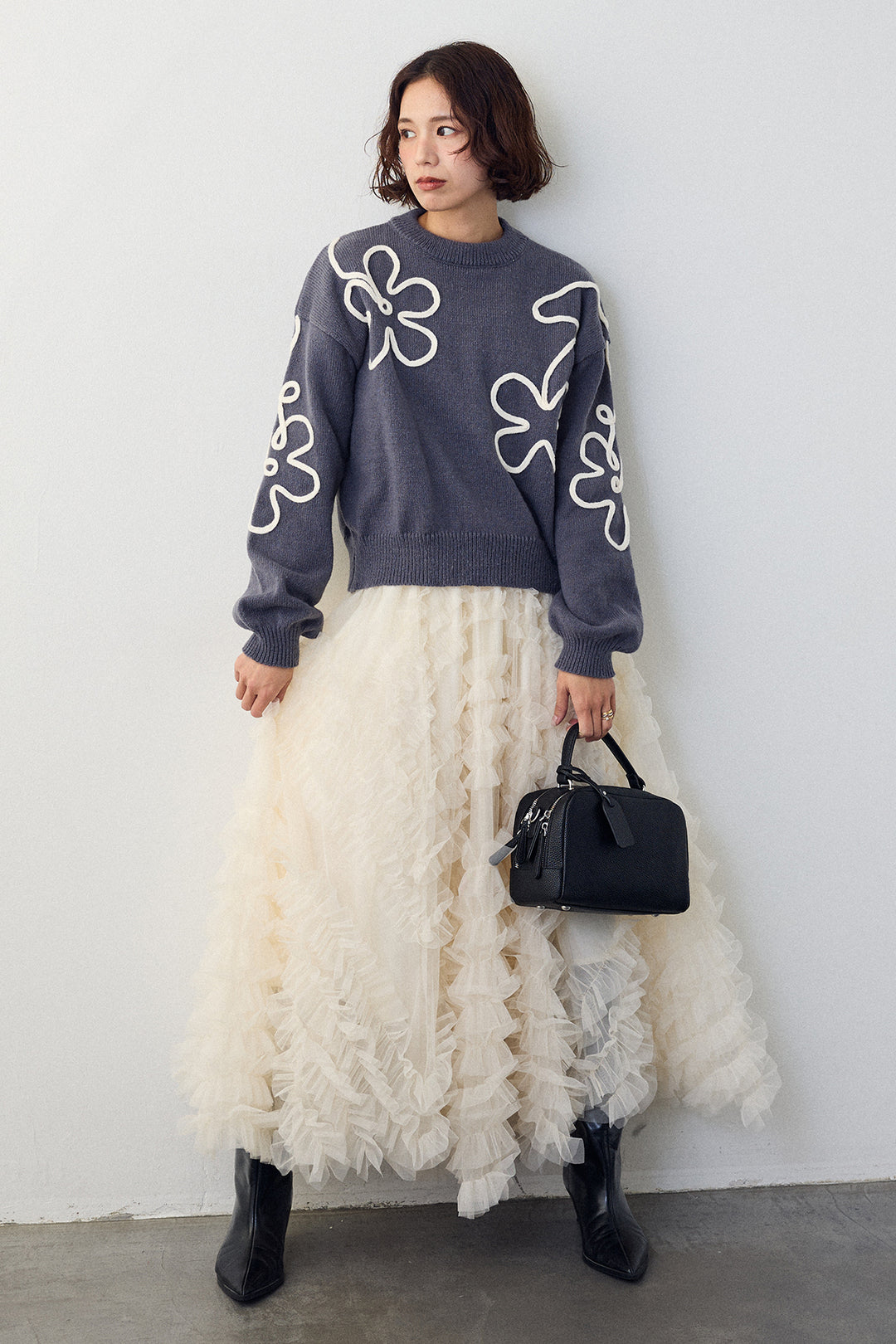 [予約/SET]コードフラワーニットプルオーバー+スフレアシメチュールスカート(2set)