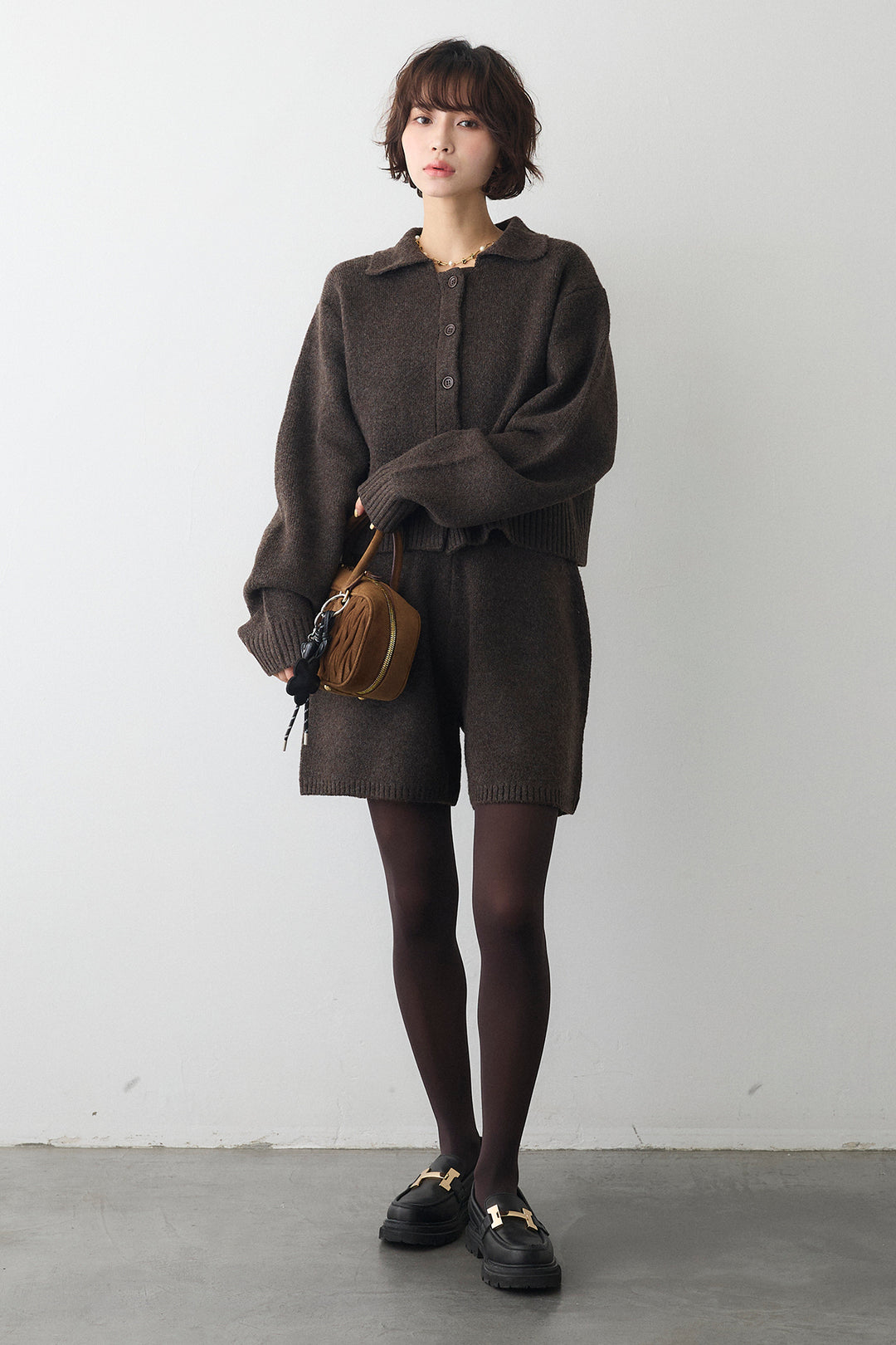 [予約/SET]メランジニットポロ襟クロップドカーデ+メランジニットショートパンツ(2set)