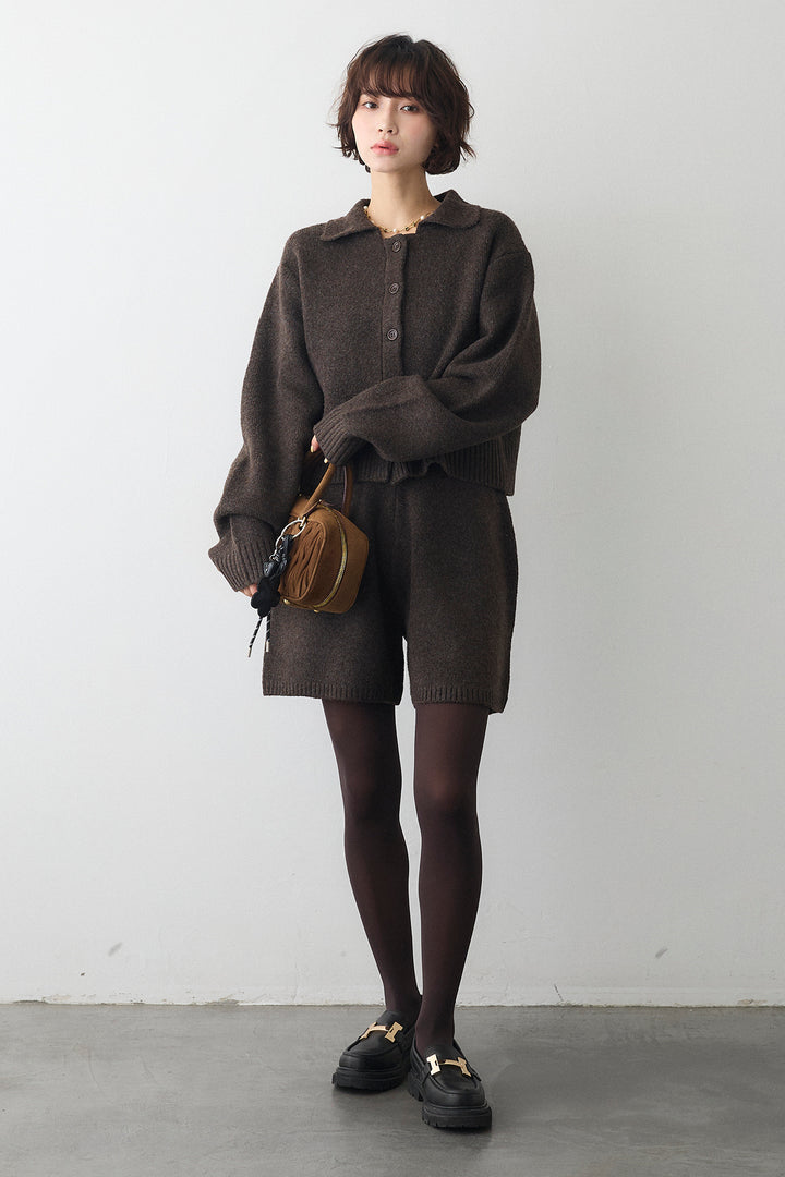 [予約/SET]メランジニットポロ襟クロップドカーデ+メランジニットショートパンツ(2set)