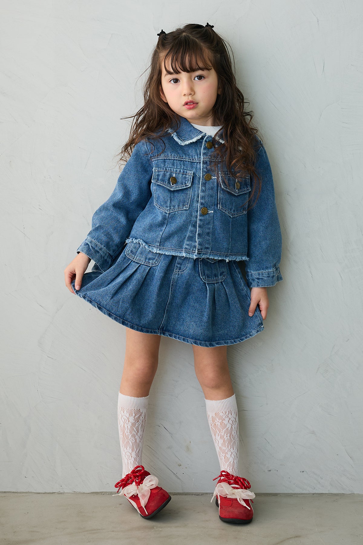 予約/親子SET][kids]ボックスプリーツデニムセットアップ+ブルーム