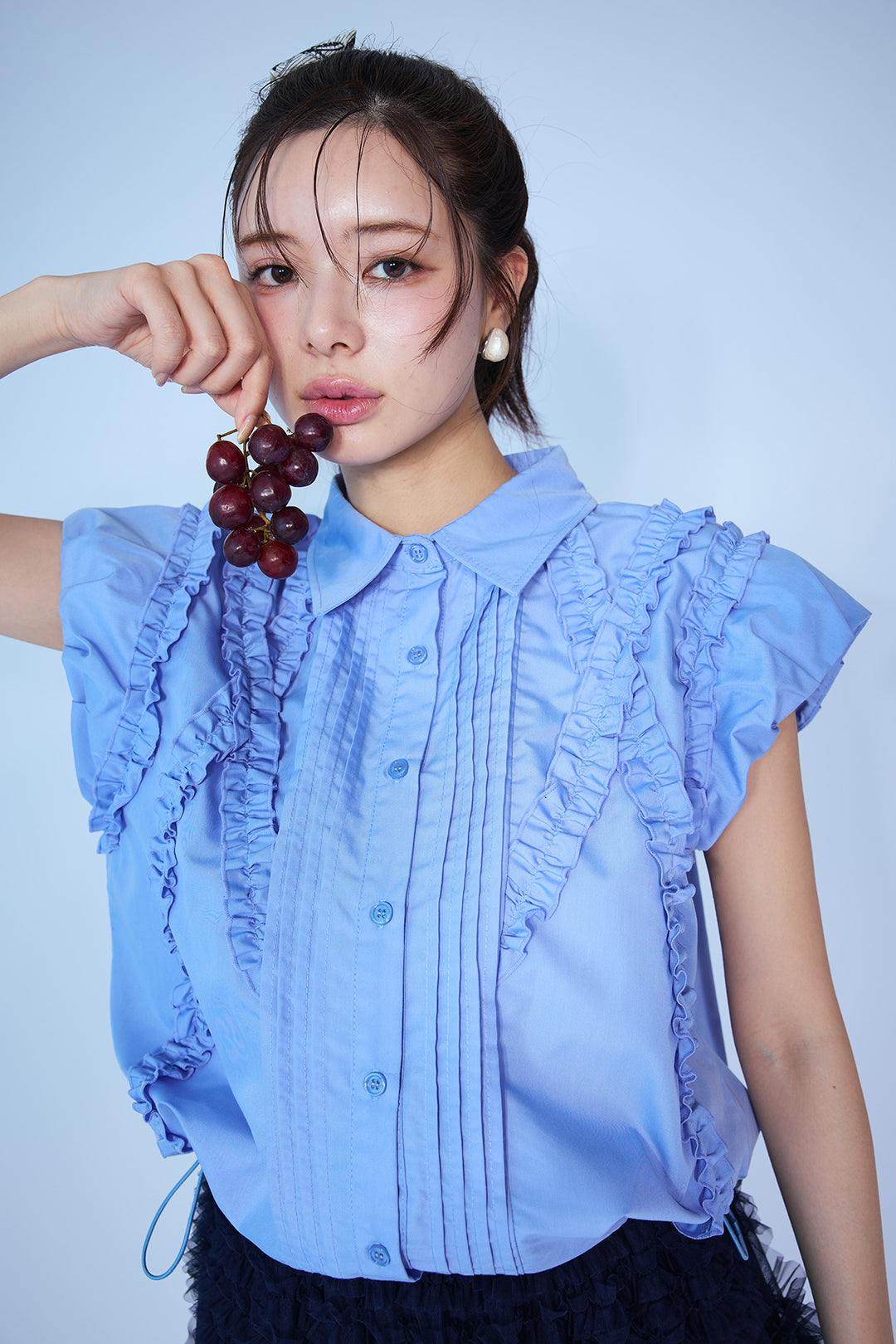 [予約/SET]ミックスフリルピンタックサイドドロストブラウス+ホイップチュールティアードスカート(2set)