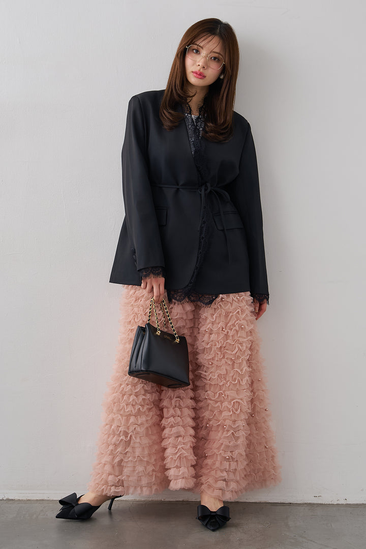 [予約/SET]カシュクールレースドッキングジャケット+パール付きホイップチュールスカート(2set)