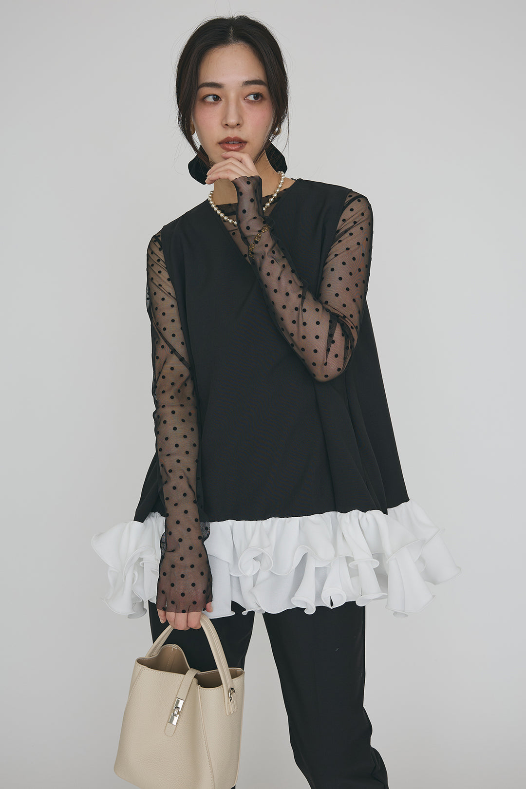 [予約/SET]異素材フリルヘムVネックチュニック+タックテーパードパンツ(2set)