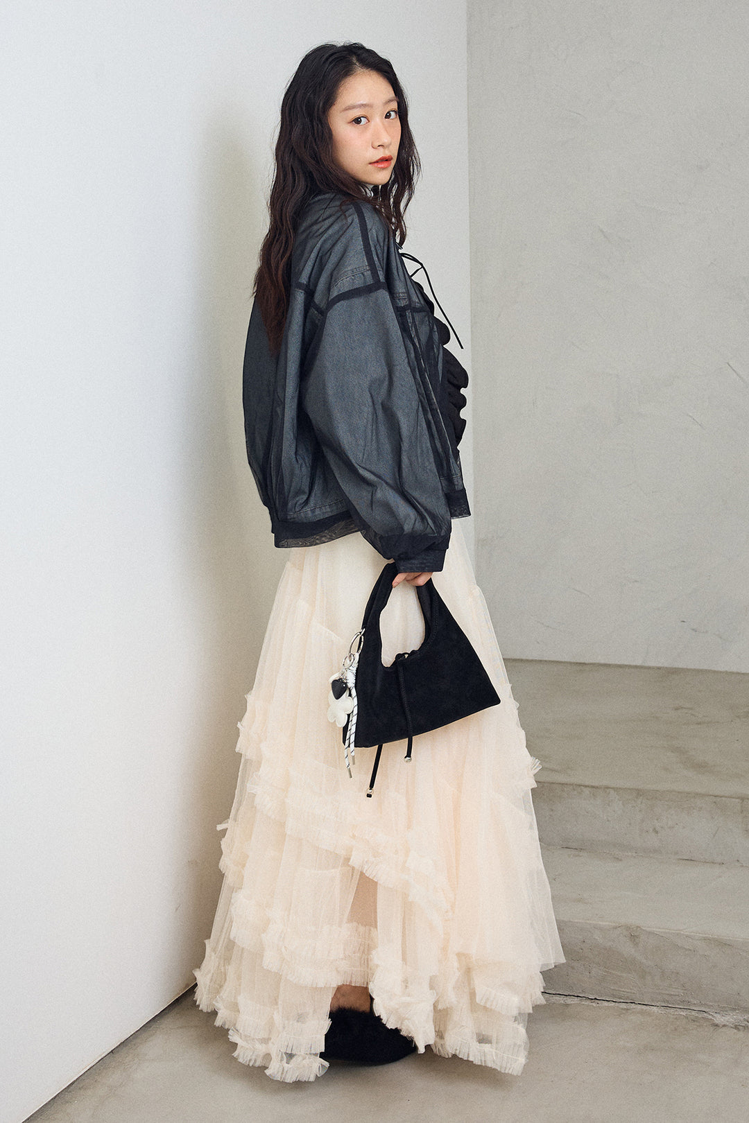 [予約]デニム×チュールレイヤードフリルジャケット