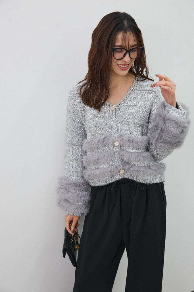 [予約]ネックビジューラインファーニットカーデ