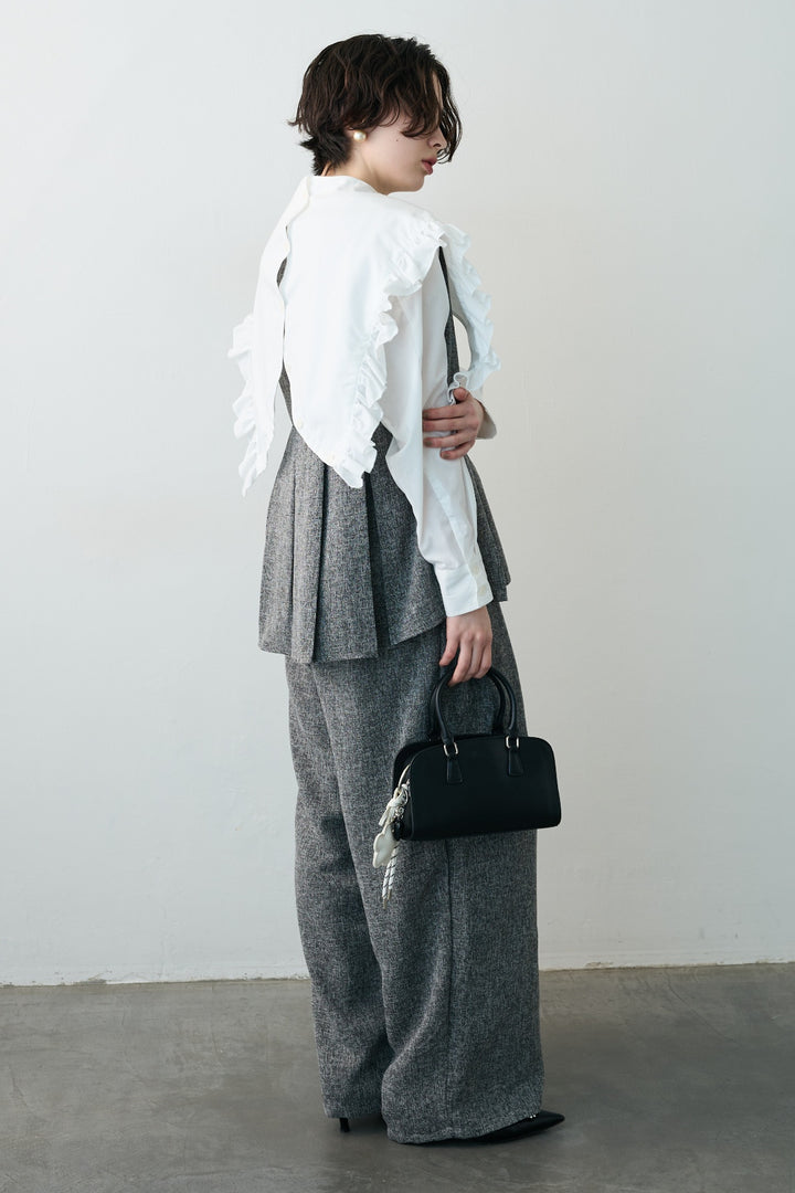 [予約/SET]BIGフリルデザインシャツ+サマーツイードボックスプリーツベスト+サマーツイードウエストラインタックパンツ(3set)