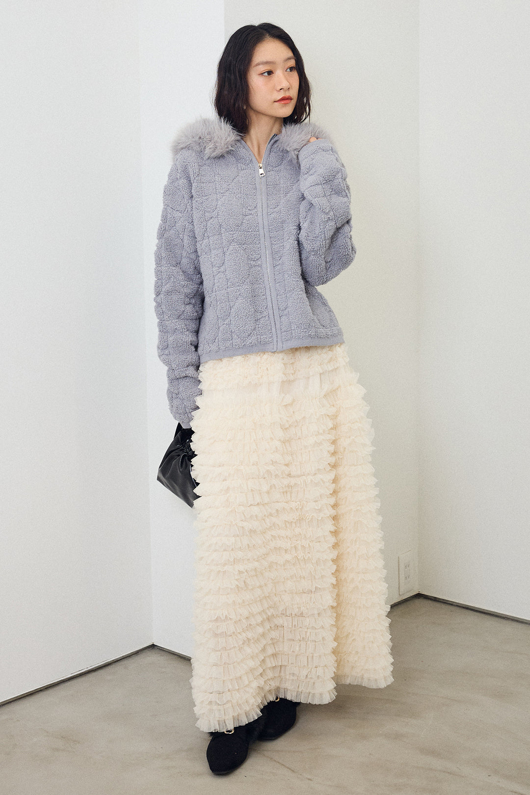 [予約/SET]フードファーキルトZIPニットブルゾン+ホイップチュールティアードスカート(2set)