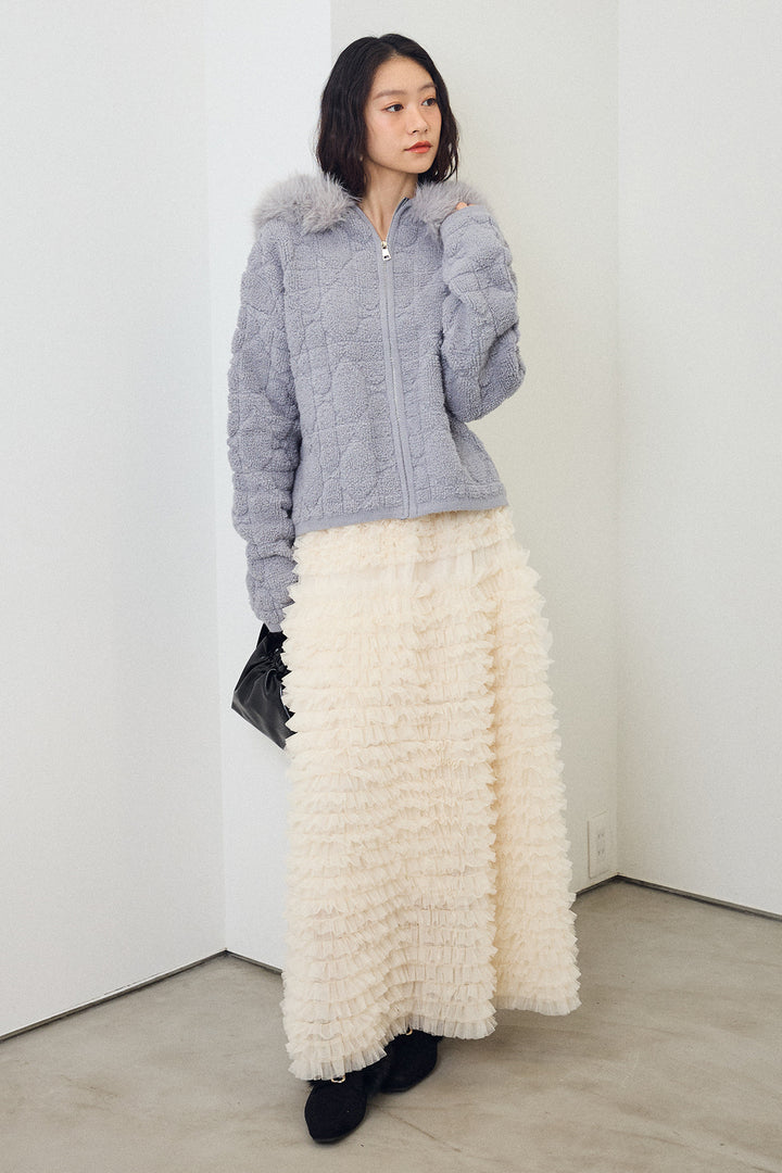 [予約/SET]フードファーキルトZIPニットブルゾン+ホイップチュールティアードスカート(2set)