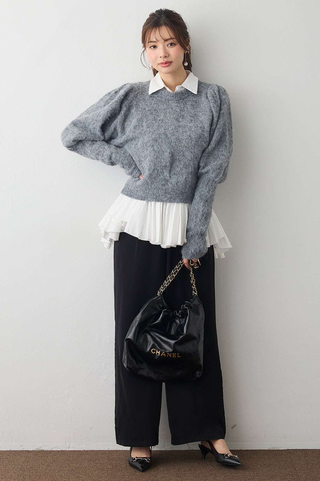 [予約/SET]モヘアパフスリーブプルオーバー+パネルフレアヘムシャツ+とろみドロストワイドパンツ(3set)