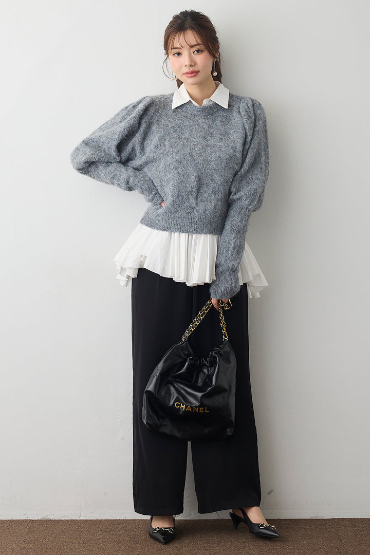 [予約/SET]モヘアパフスリーブプルオーバー+パネルフレアヘムシャツ+とろみドロストワイドパンツ(3set)
