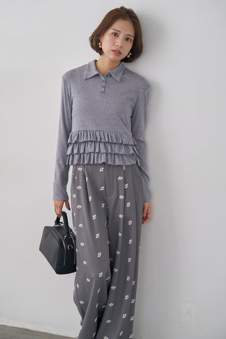 [予約/SET]フリルヘムポロカラープルオーバー+フラワー刺繍ツイルストレートパンツ(2set)