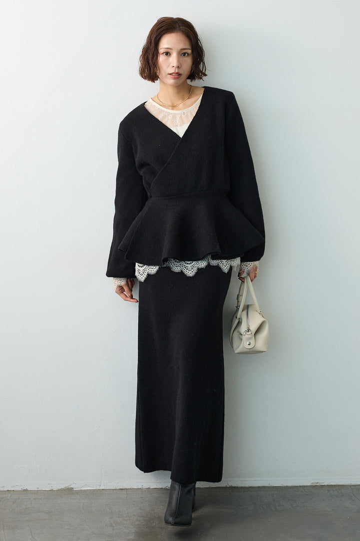 [予約/SET]ファインレーストップス+カシュクールフレアニットスカートセットアップ(2set)