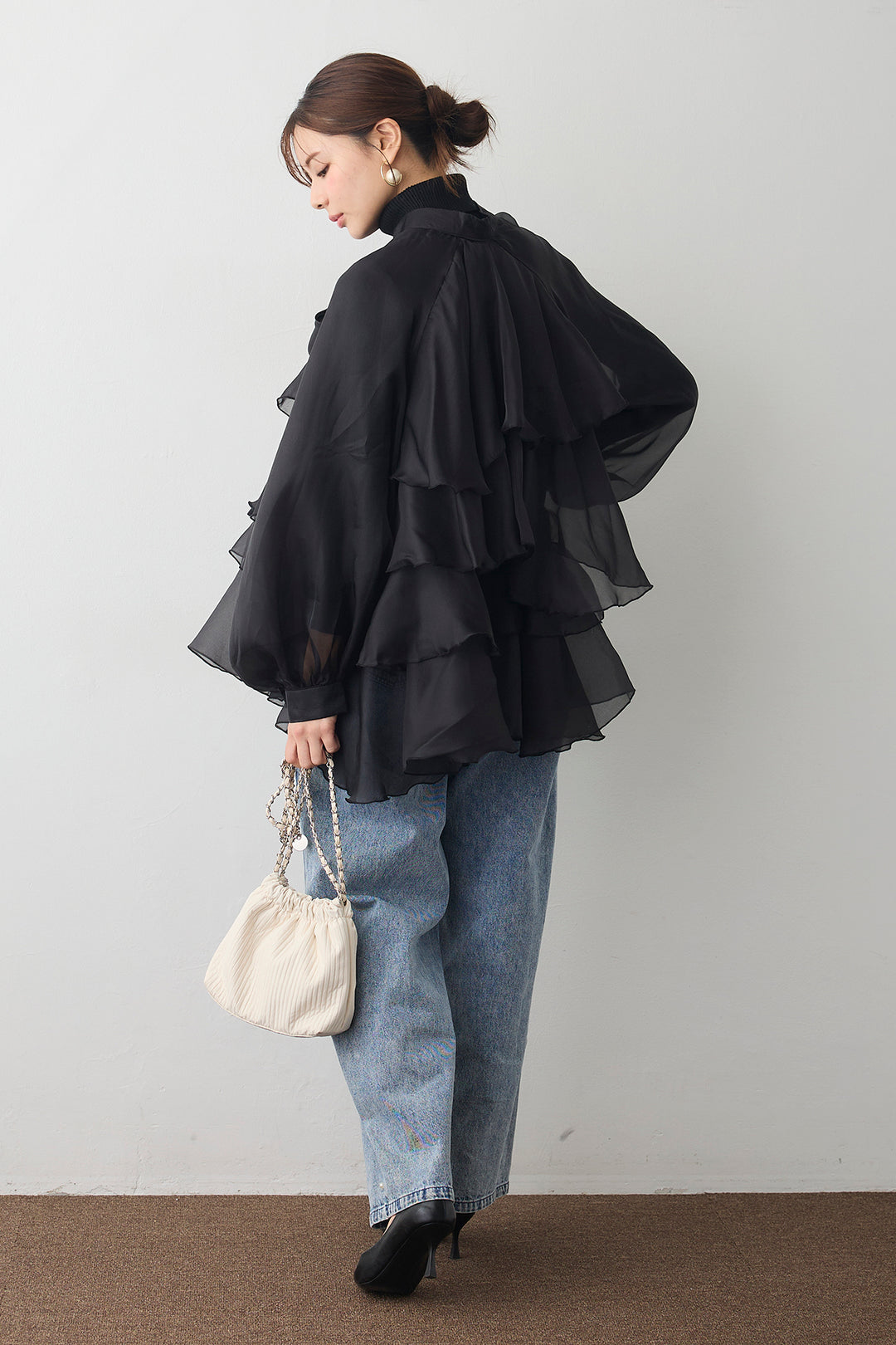 [予約/SET]フロントBIGリボンティアードエアリーチュニック+パールスタッズストレートハイウエストデニム(2set)