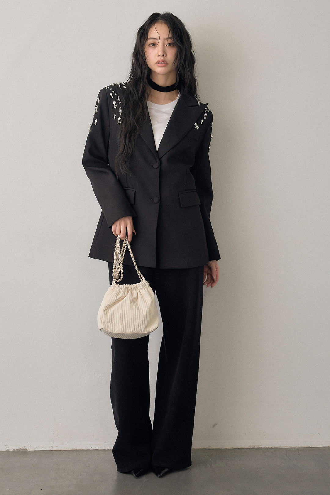 [予約/SET]ショルダービジューマニッシュジャケット+ウォームタッチイージーパンツ(2set)