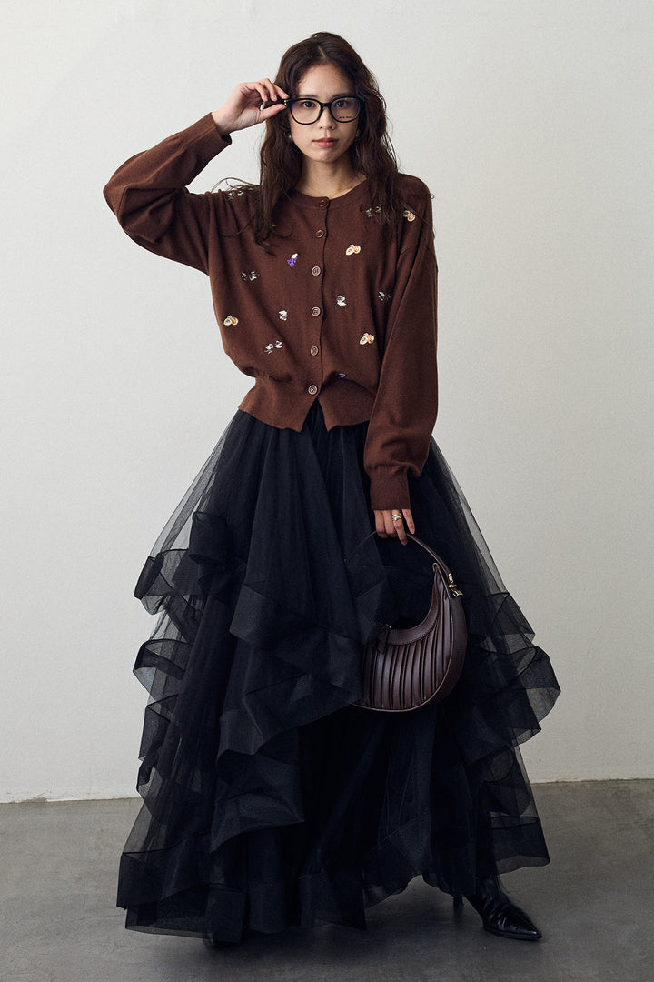 [予約/SET]フルーツフラワー刺繍ニットカーデ+ランダムフリルティアードボリュームスカート(2set)