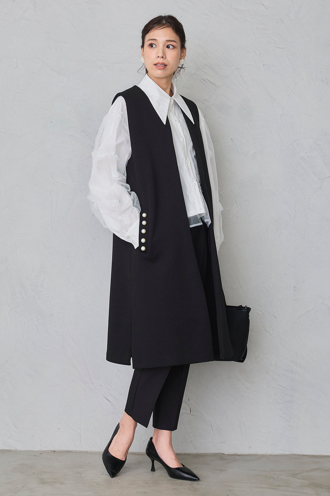 [予約/SET]チュールレイヤードパールシャツ+タックテーパードパンツ(2set)