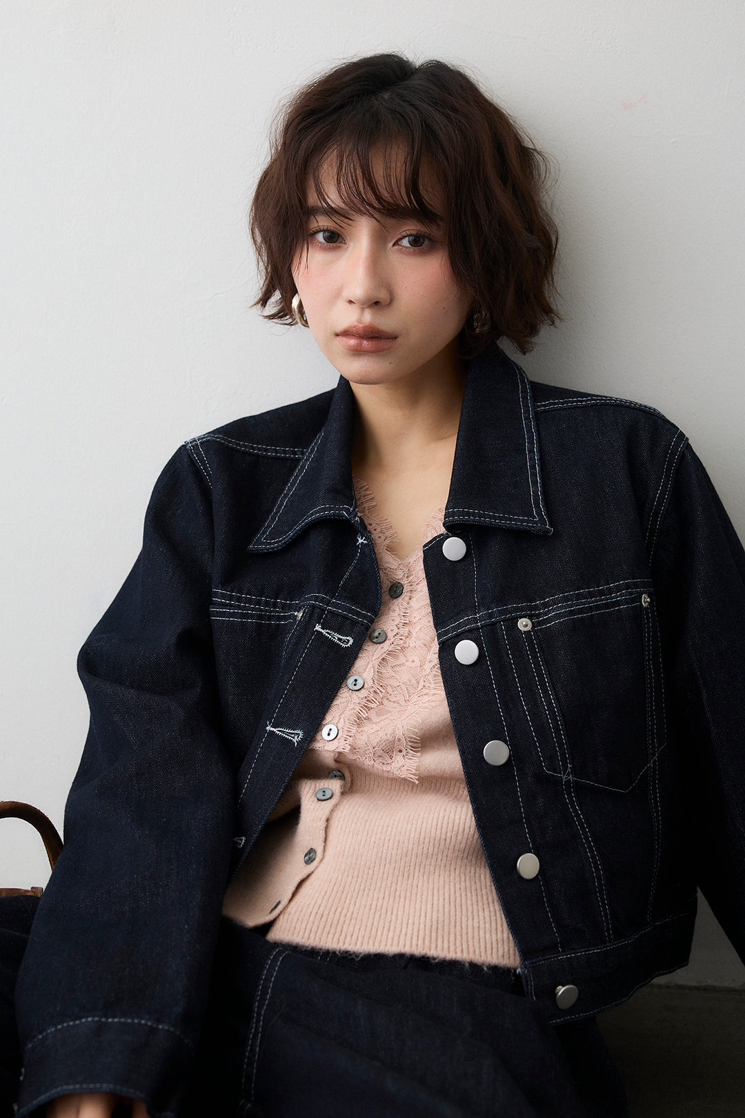 [予約/SET]レースVラインボタンニット+クロップドデニムセットアップ(2set)