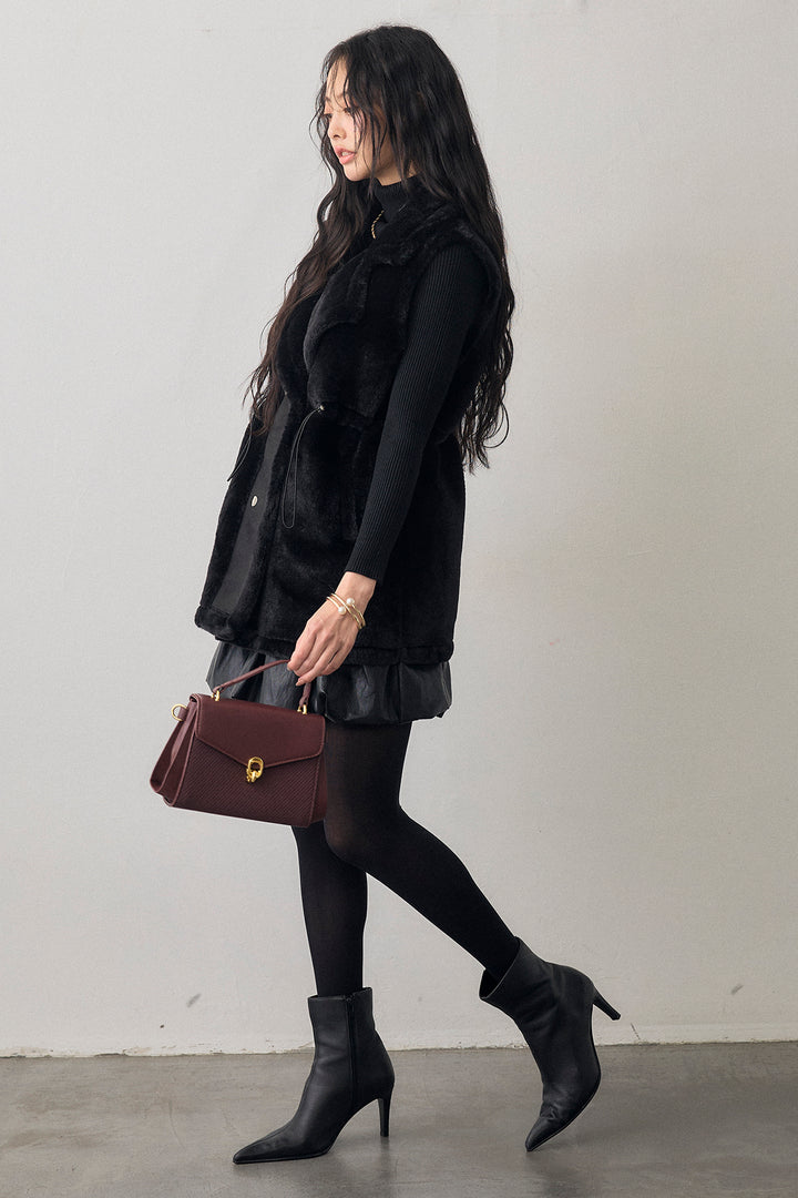 [予約/SET]ベーシックリブタートルニット+テディボアウエストドロストベスト+フェイクレザーティアードバルーンミニスカート(3set)