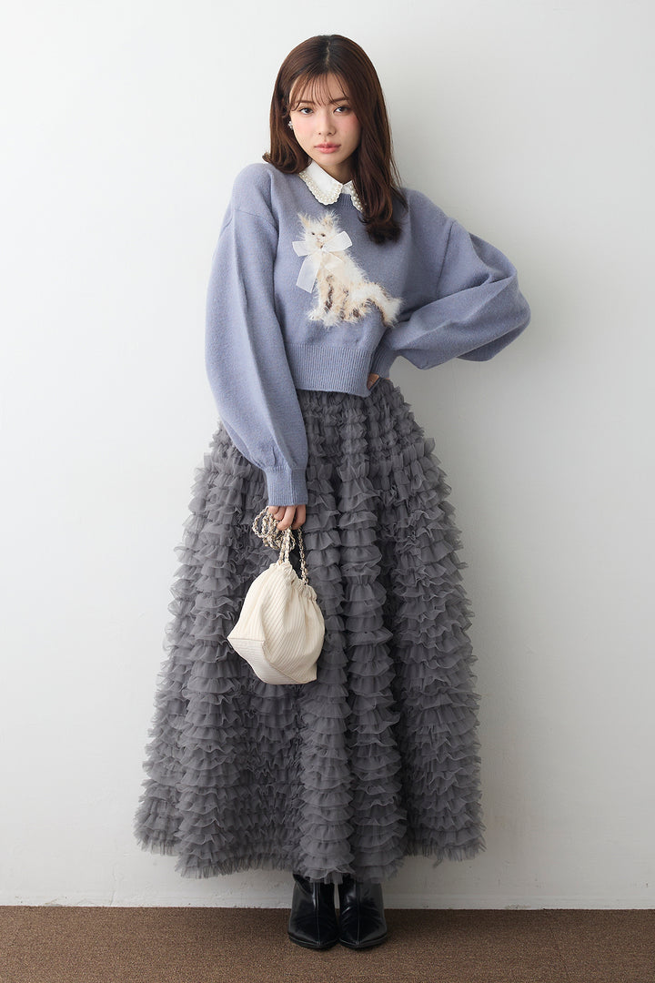 [予約/SET]2連パール付け襟+シャギーリボンキャットモチーフニットPO+ホイップチュールティアードスカート(3set)