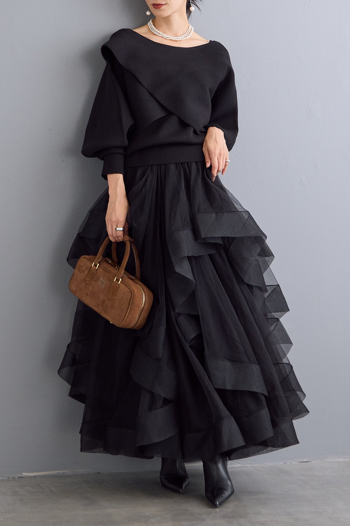 frene ランダムフリルティアードボリュームスカート ブラック 予約/SET]アシメケープタンクニットセット+ランダムフリルティアード