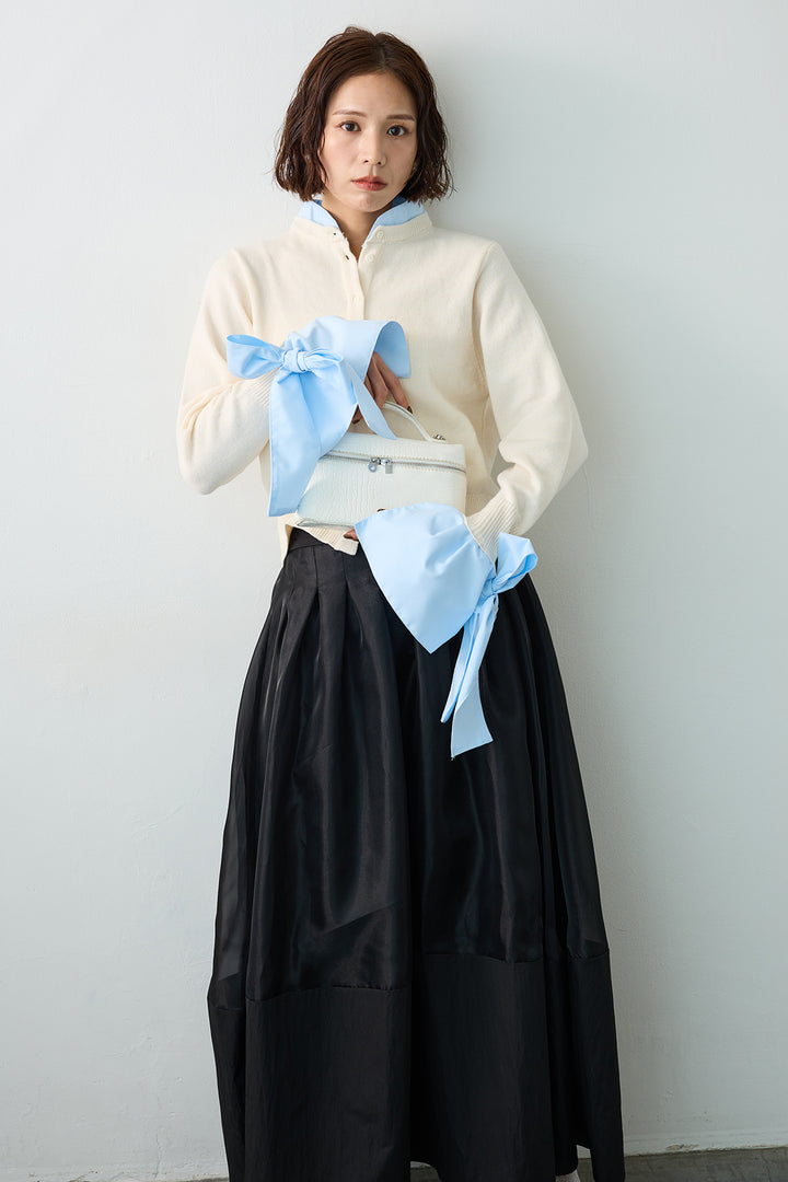 [予約/SET]BIGリボンカフスデザインニットドッキングカーデ+オーガンジー×タフタコクーンスカート(2set)